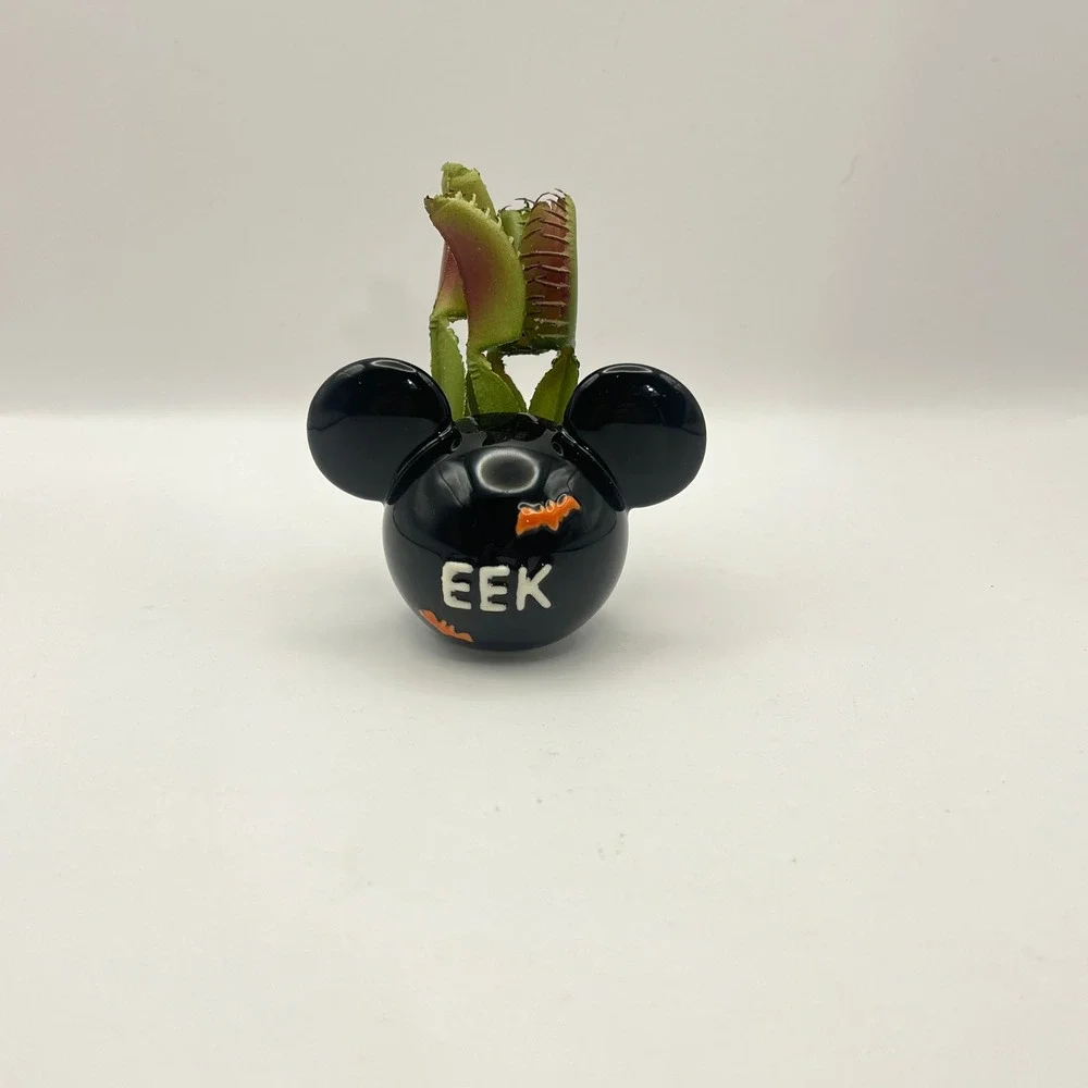 Disney Mickey Mouse Halloween Ceramic Planter Faux Venus Flytrap EEK Bats Black